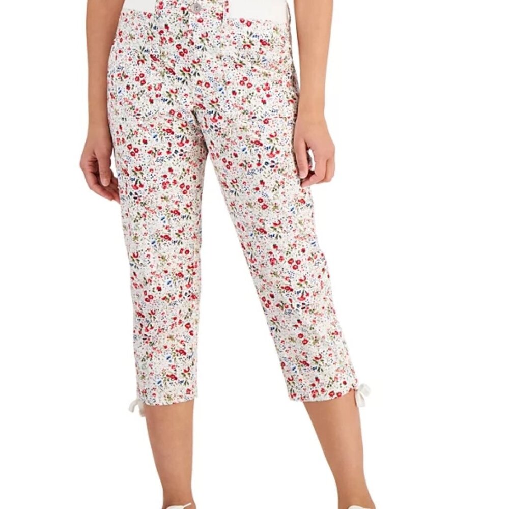 NWT Style & Co Women's White Printed Tie-Hem Cropped Pants Capri Size 14